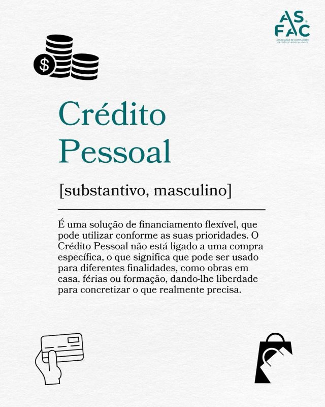 #CréditoPessoal 👉 Este é o conceito que trazemos esta semana na rubrica #ASFACDescomplica. 🙇‍♀️🙇

Tem que realizar uma despesa imprevista ou gostava de realizar um sonho adiado, mas sente que o orçamento não chega? 💭 O Crédito Pessoal pode ser a solução que lhe permite avançar com os seus planos sem ter de esperar mais.

Este tipo de crédito não está associado a uma compra específica porque o montante pode ser usado conforme as suas necessidades: remodelações, férias, educação, ou até reforço de tesouraria.

📄 Para pedir um Crédito Pessoal, precisa de ter um documento de identificação válido, fornecer o seu número de contribuinte, um comprovativo dos seus rendimentos (como um recibo de vencimento ou declaração de IRS), ter entre 18 e 75 anos, residir em Portugal, ser titular de uma conta bancária e apresentar rendimento de trabalho comprovado. Tem igualmente que avaliar se precisa mesmo e se tem condições para pedir o crédito!

✔️ Optar por um crédito de forma consciente é viver o presente com responsabilidade, sem prejudicar o orçamento. Mas, é fundamental que essa decisão seja sempre bem ponderada.

Tem dúvidas sobre o Crédito Pessoal ou outros conceitos financeiros? Deixe nos comentários e nós descomplicamos.👇

#ASFAC #EducaçãoFinanceira #FinançasPessoais #CréditoResponsável