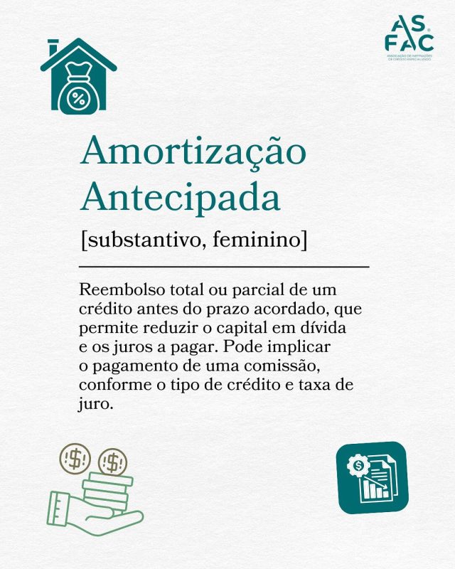🤝 ASFAC Descomplica 🤝

A #amortização antecipada consiste no reembolso total ou parcial de um crédito antes do prazo acordado no contrato. Ao reduzir o capital em dívida, o cliente diminui o valor dos juros a pagar e, consequentemente, o montante das prestações mensais.

🏦 Este reembolso pode ser efetuado em qualquer momento do contrato, sendo que a comissão de amortização aplicada depende do tipo de #crédito e da taxa de #juro.

No crédito ao consumo, se a taxa for fixa, o valor máximo é de:

➡️ 0,5%, se faltar mais de um ano para o fim do contrato;

➡️ 0,25%, se faltar um ano ou menos.

Em determinadas circunstâncias, as instituições de crédito estão impedidas de aplicar comissões, como nos casos de falecimento, desemprego ou transferência profissional dos titulares do empréstimo.

Até ao final de 2025, mantém-se a suspensão temporária da comissão de amortização antecipada para créditos à habitação com taxa variável - medida criada para facilitar a renegociação e transferência de crédito, num contexto de subida das taxas Euribor.

Tem alguma dúvida? Deixe nos comentários! 👇

#ASFAC #ASFACDescomplica #AmortizaçãoAntecipada